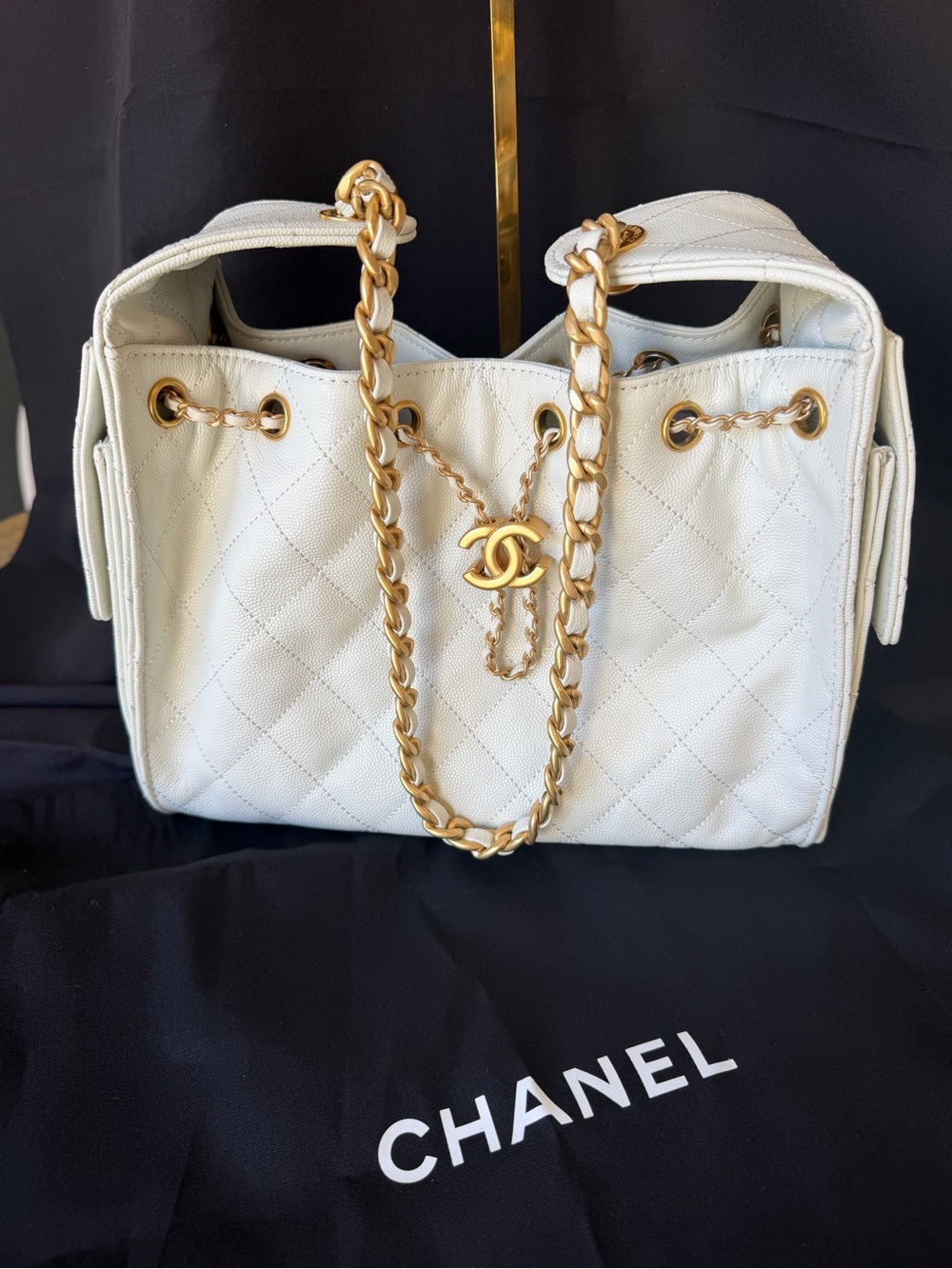 White Quilted Leather Drawstring Shoulder Bag - Picture 11 of 11